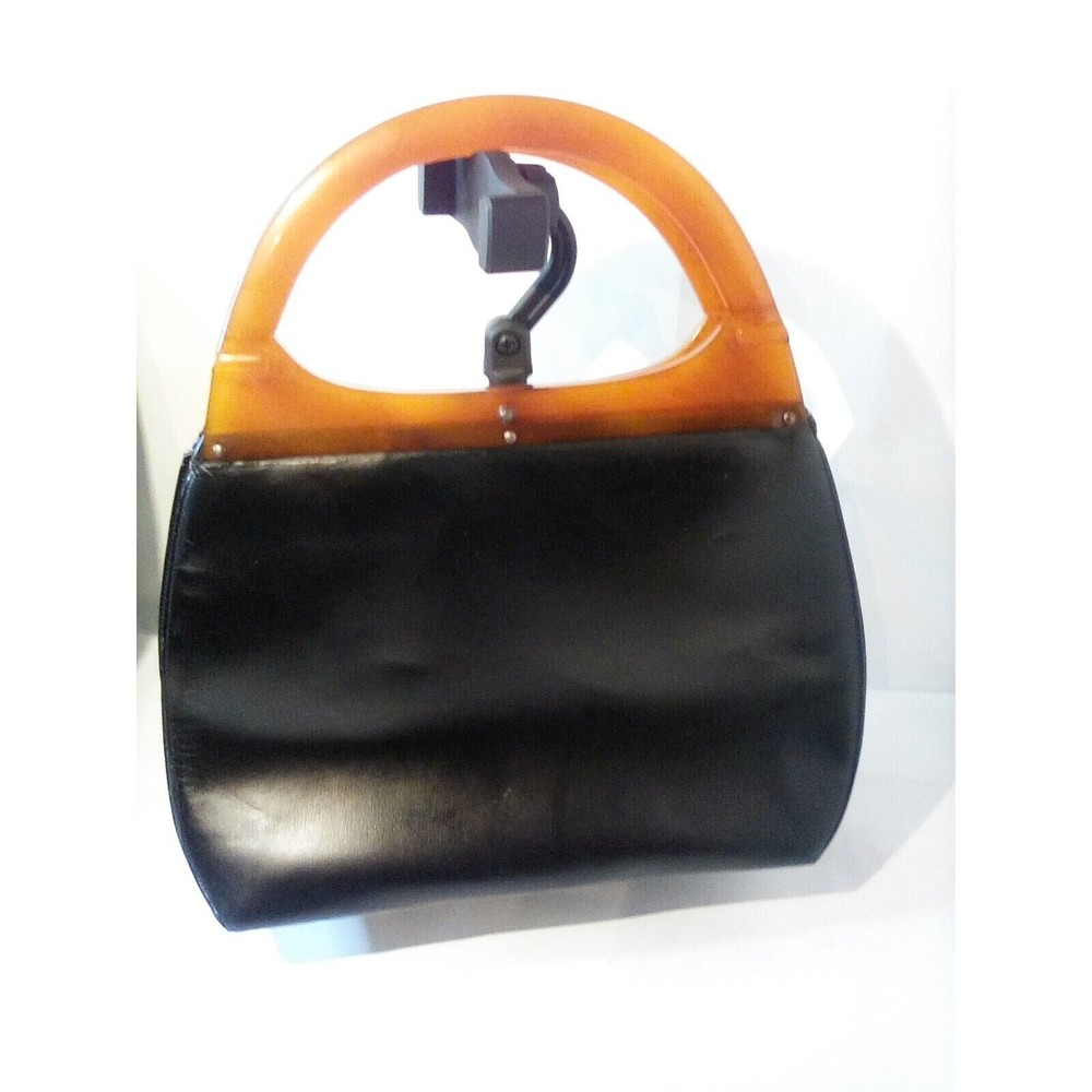 1950s Vintage Leather Handbag with Butterscotch Bakelite Handle